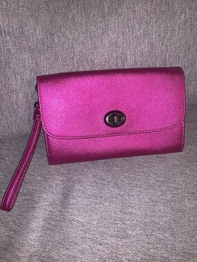 Coach Magenta Metallic Wristlet Clutch - metal hardware with crossbody hooks